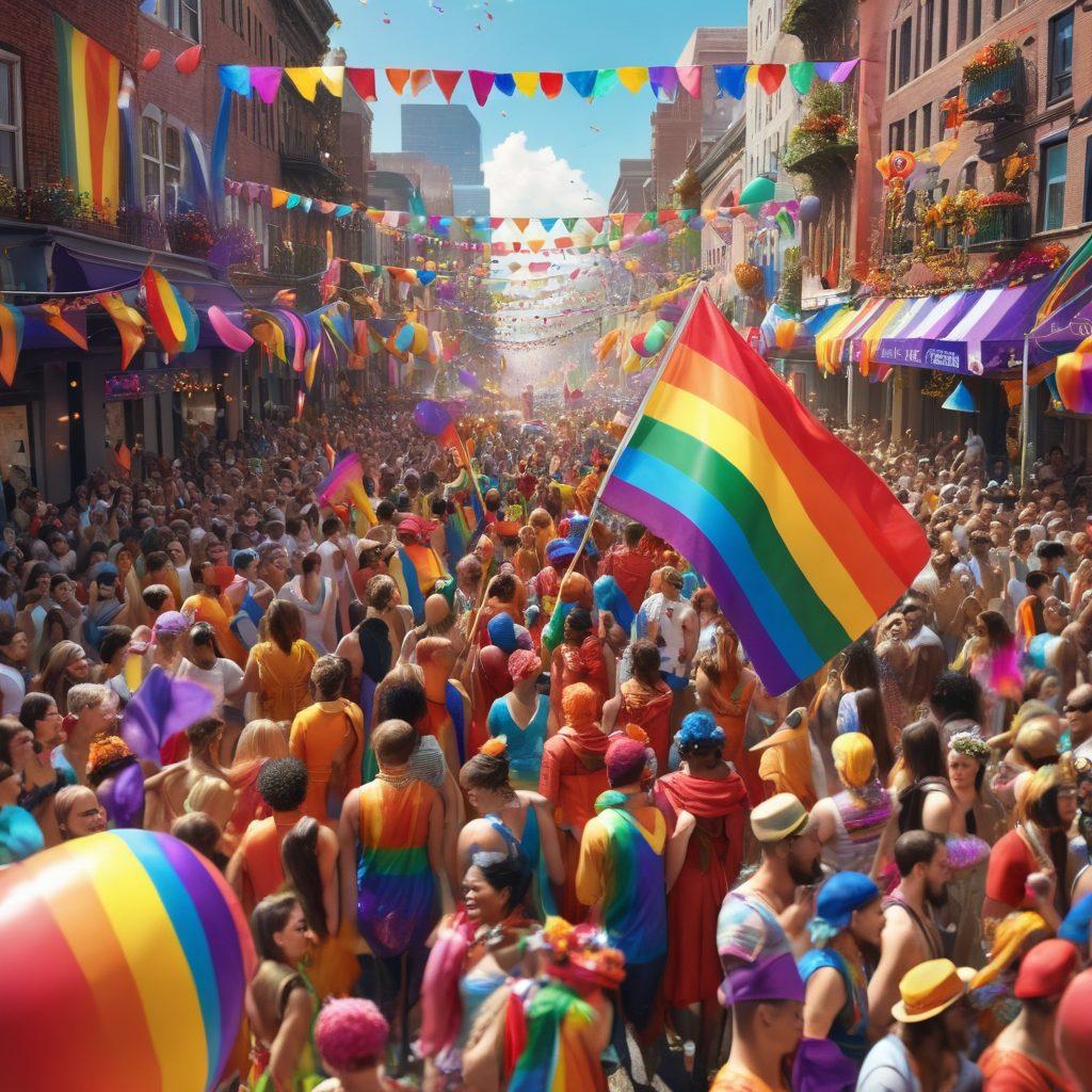 A vibrant scene of a lively LGBTQ parade filled with colorful floats and people in diverse costumes, celebrating love and inclusivity. Include rainbow flags, confetti in the air, and smiling faces of different ethnicities enjoying the festivities. Capture the sense of joy and community in the background surrounded by a cityscape. super-realistic. bright colors. 3D.