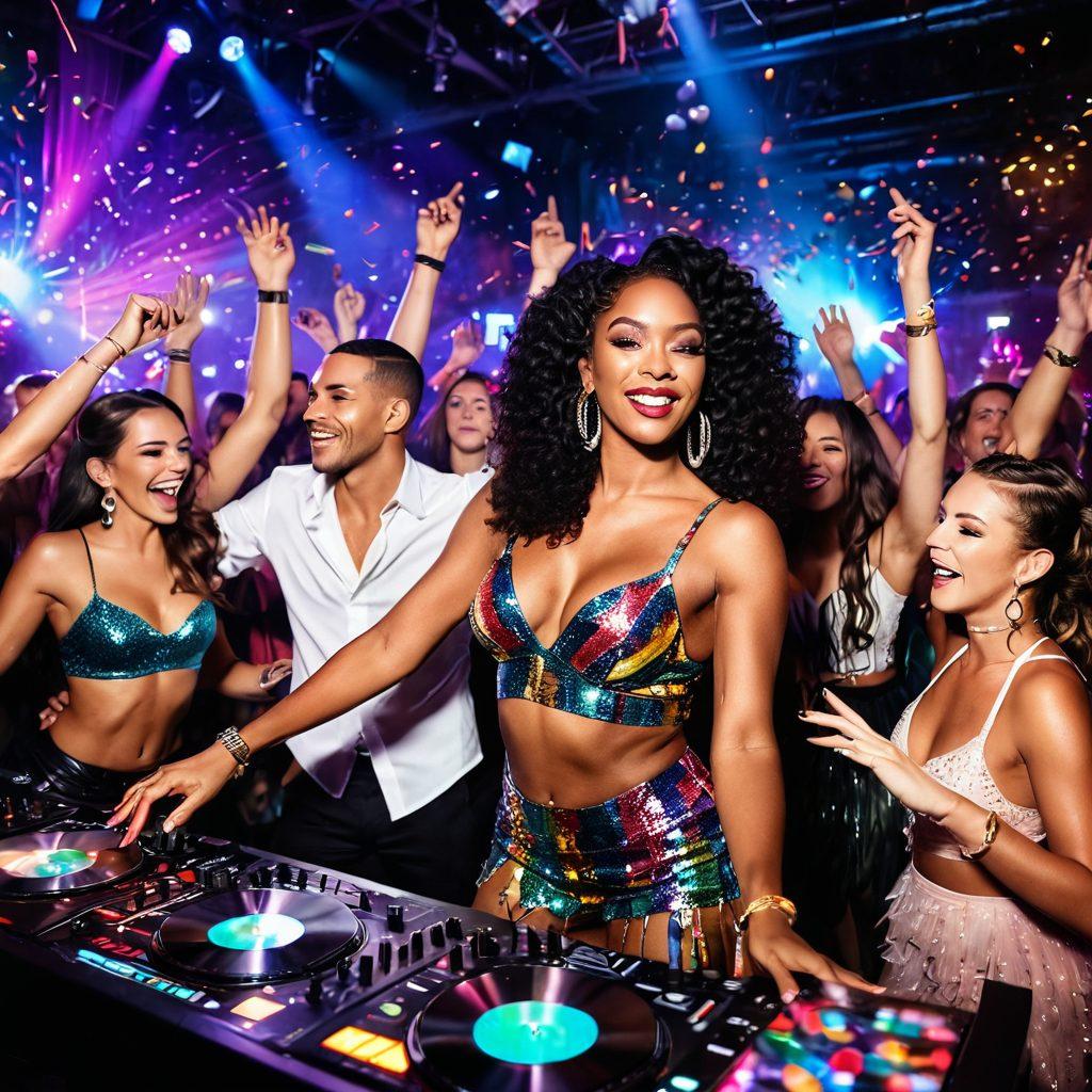 A vibrant nightlife scene showcasing a lively celebration with a diverse group of people enjoying themselves. Incorporate colorful lights, a DJ booth, and a dance floor with joyous energy. Highlight elements of shemale entertainment through performers in glamorous outfits, surrounded by confetti and cocktail drinks. Evoke a sense of inclusivity and excitement. ultra-realistic. colorful. dynamic.