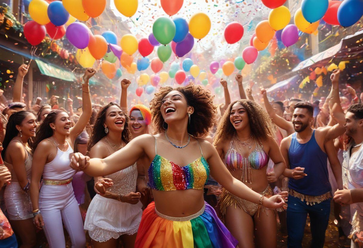 A vibrant and colorful scene depicting an extravagant LGBTQ celebration with diverse individuals joyfully dancing and laughing together. Include rainbow flags, elaborate costumes, and glittering decorations. The background showcases a lively festival atmosphere with balloons and confetti raining down. Capture the essence of unity and pride. super-realistic. vibrant colors. lively atmosphere.